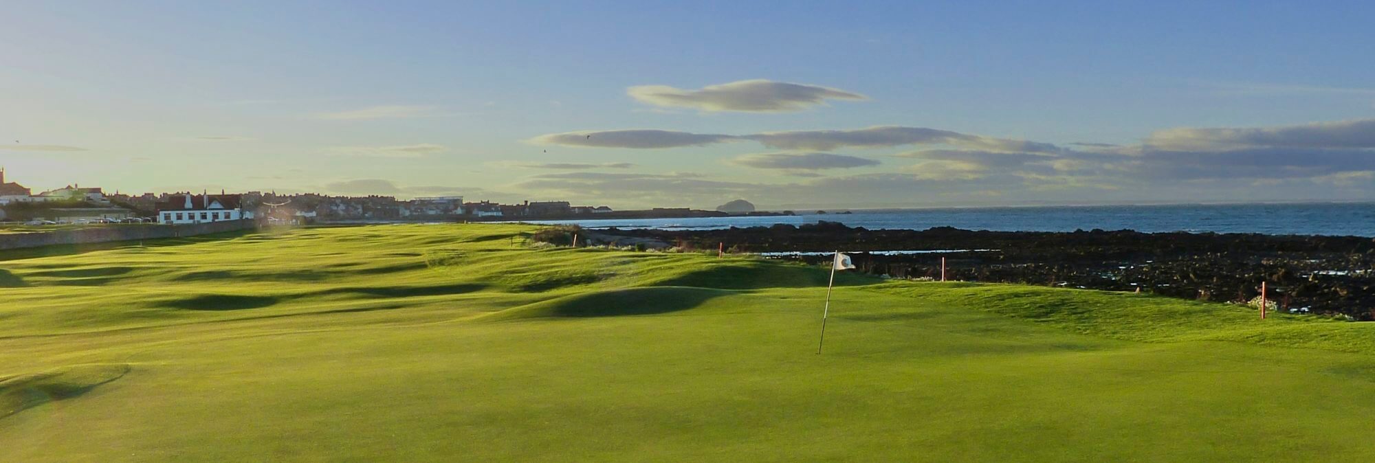Panoramic view of Dunbar's fourth hole in Scotland