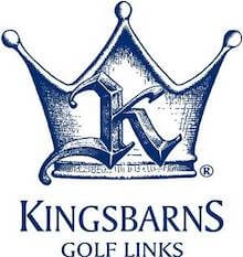 Blue Kingsbarns crown emblem on white background