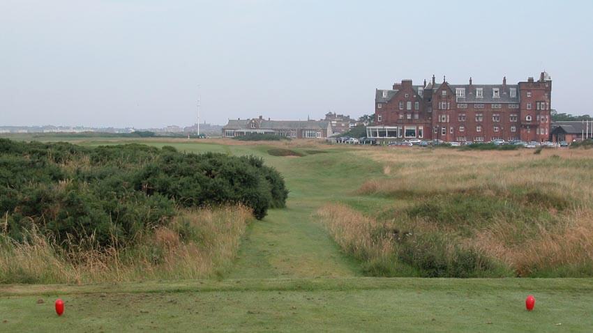 Buildings visible from a tee on the Royal Troon Portland golf course