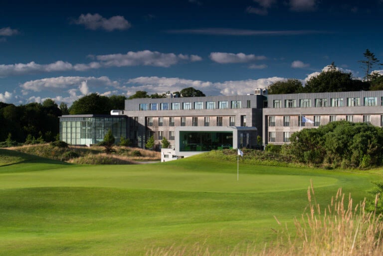 The resort building overlooks the golf course