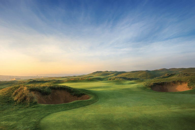 Bunkers flank seventeenth green at Lahinch