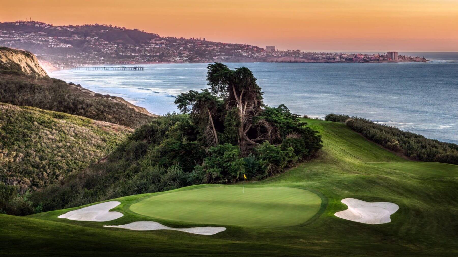 Torrey Pines fifteenth green with San Diego city views