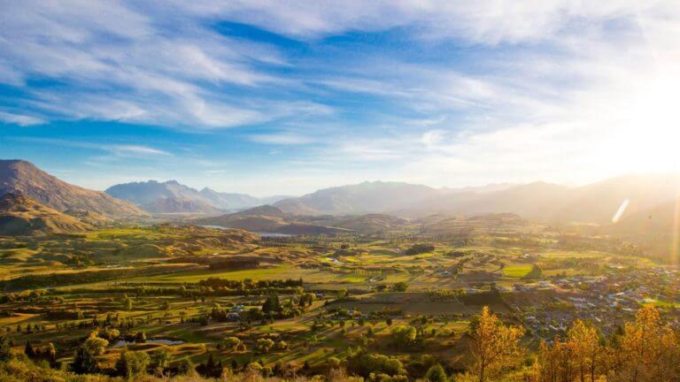 Sunrise over Arrowtown and golf course in Lake District, New Zealand