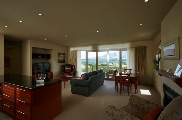 Large living area with golf course views