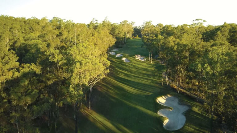 Brookwater fairway carved through tall eucalypt trees