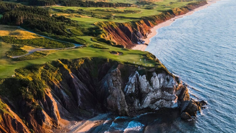 Fourth green at Cabot Cliffs from above