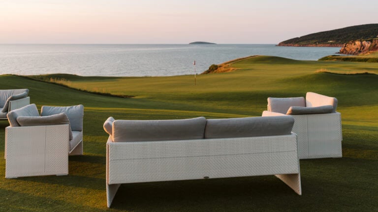 Couches overlook the eighteenth green at Cabot Links gol course