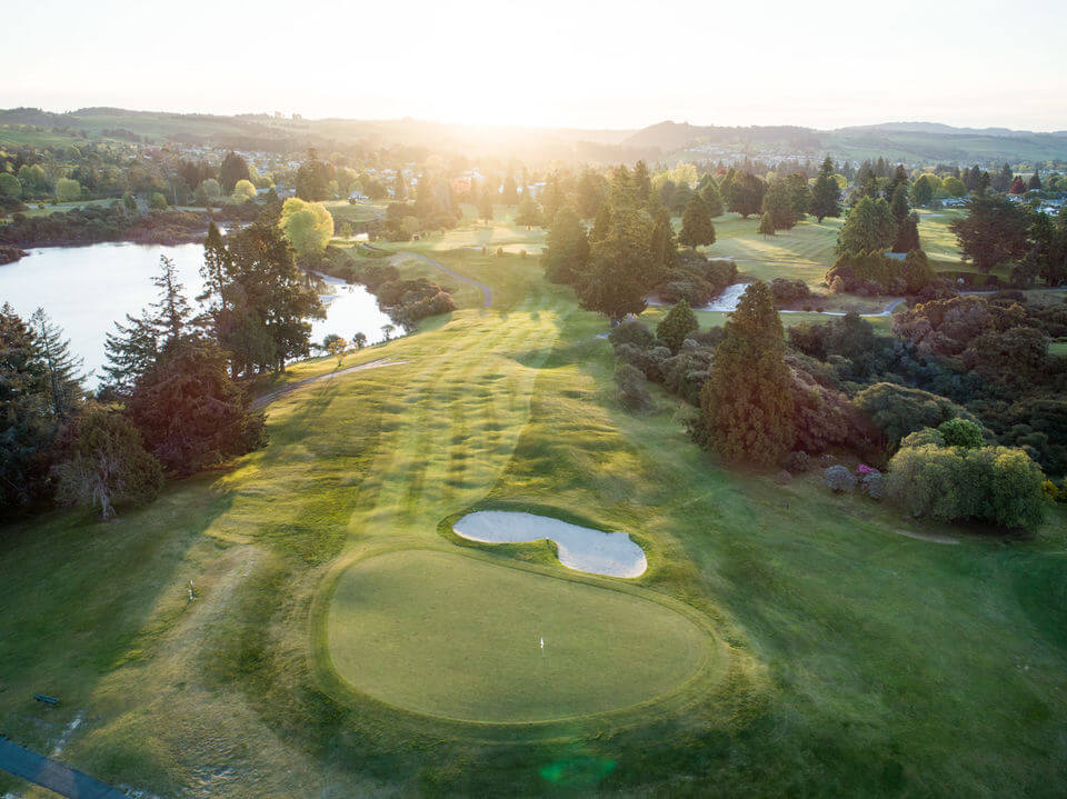 Sun shines on a golf fairway at Rotorua