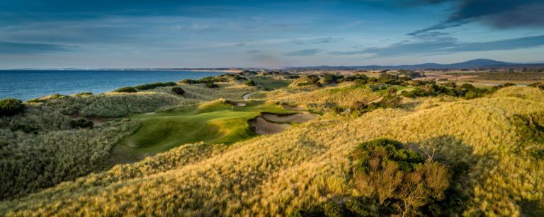 Panoramic view of the fifth fairway at Barnbougle Dunes golf links