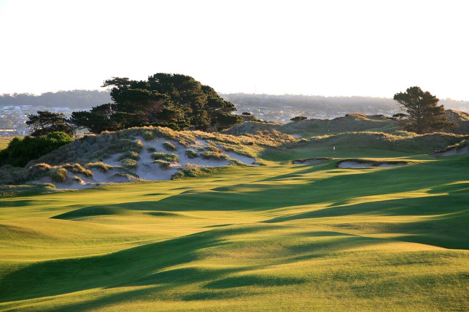 Sunlight casts shadows the golf fairway's undulations