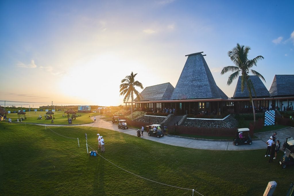 Sunrise over Natadola Bay golf course clubhouse