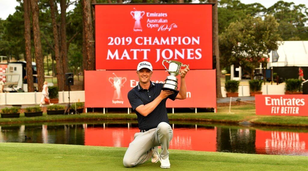 Matt Jones holding trophy after Australian golf Open 2019