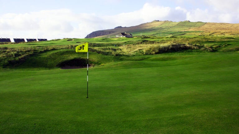 Dingle golf course green overlooking County Kerry countryside