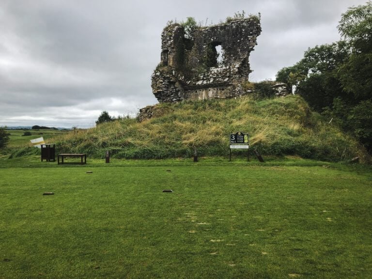 Ruins overlooking the third tee at Castle Dargan golf resort