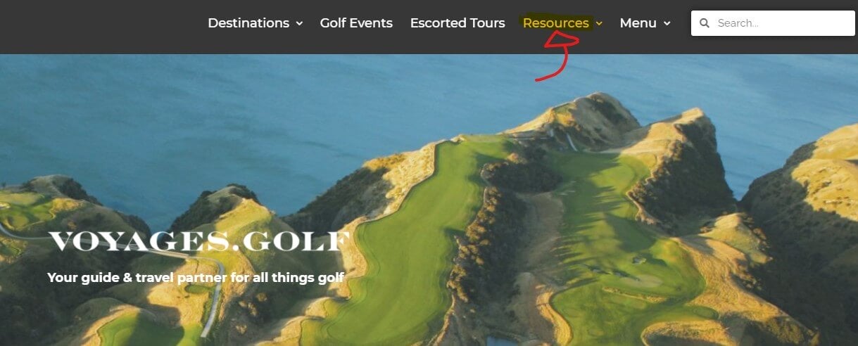 Resources drop-down in Voyages.golf website header menu