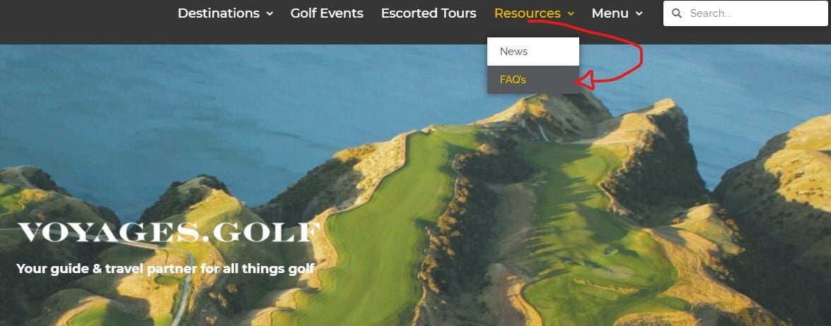 FAQ page location within the Voyages.golf website header