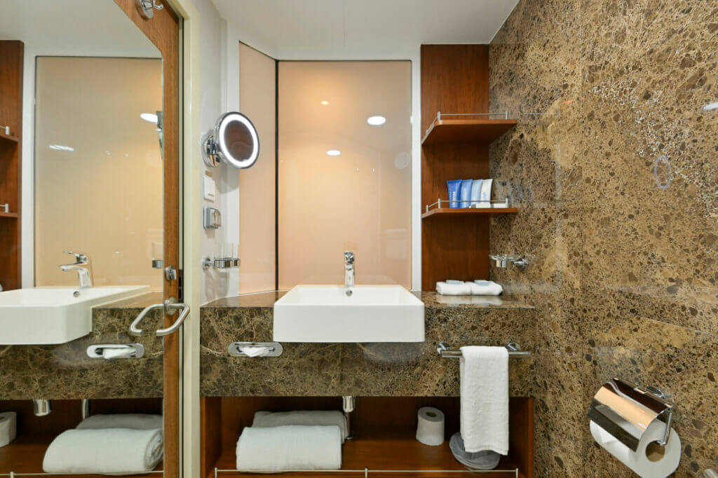 Luxury bathroom on the Coral Geographer cruise ship