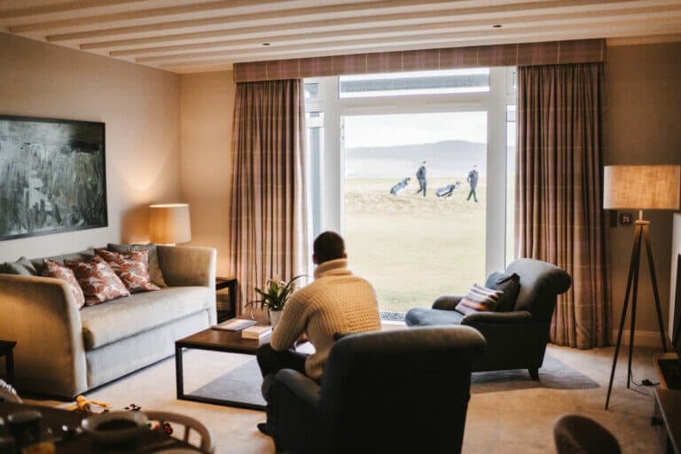 View of golfers from a hotel room at The Machrie