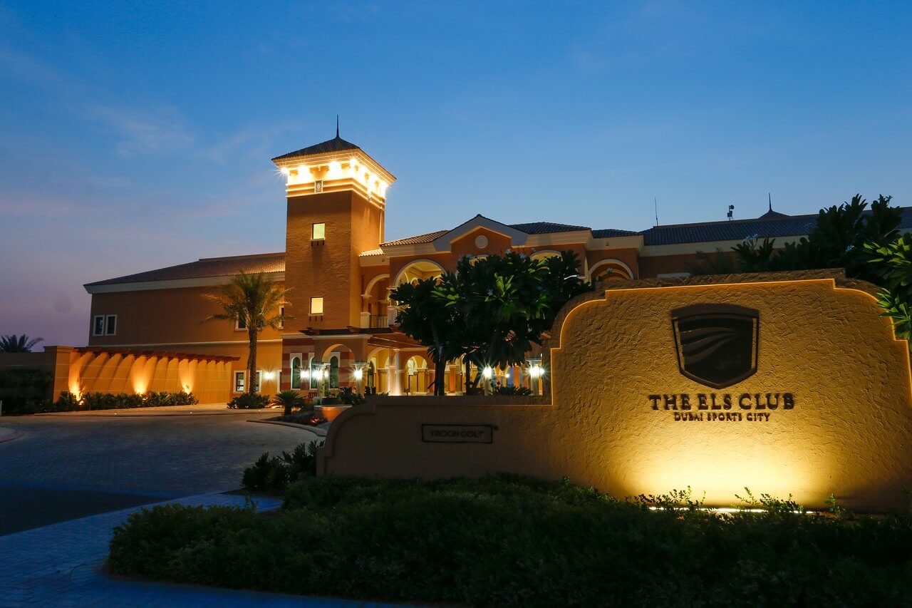 The Els Club Dubai twilight entrance