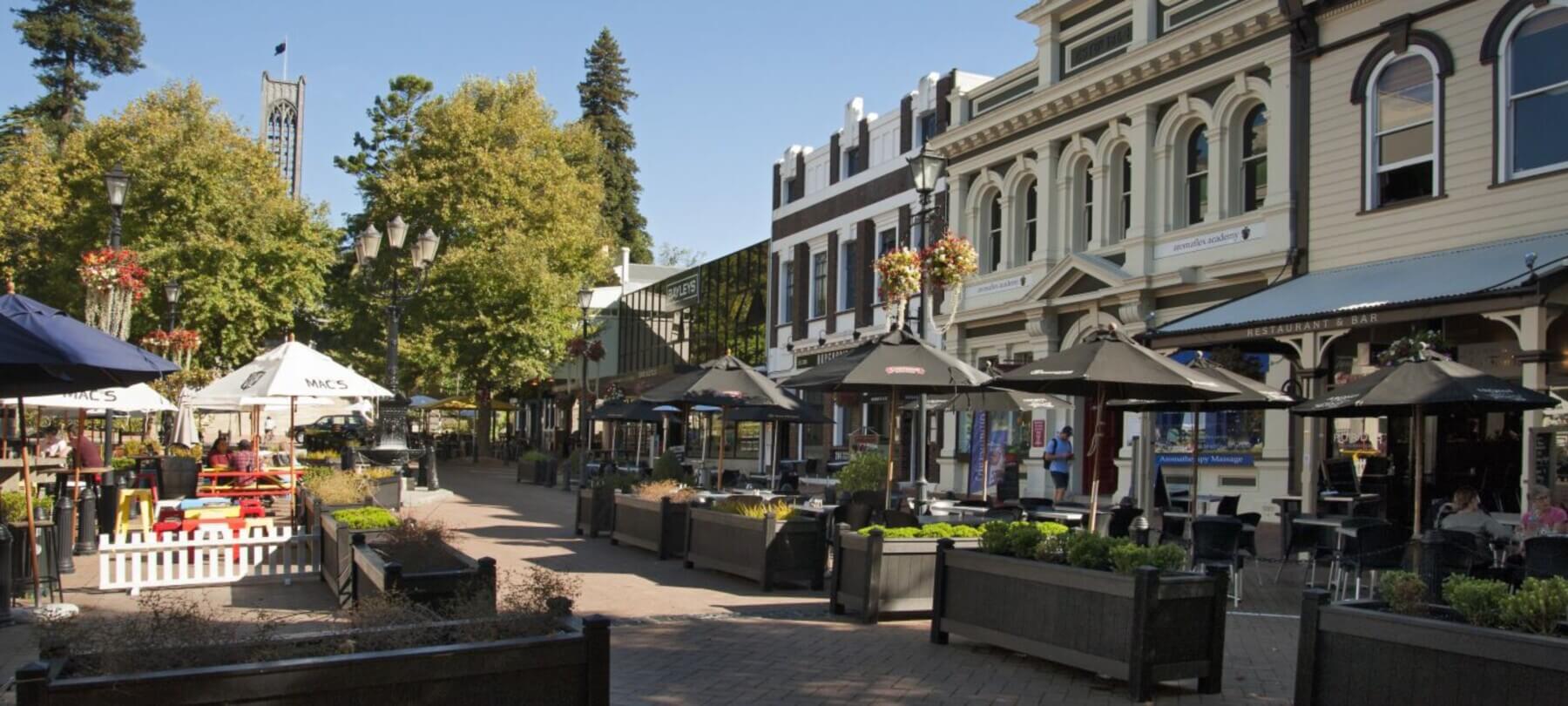 Main street and bars in Nelson, New Zealand