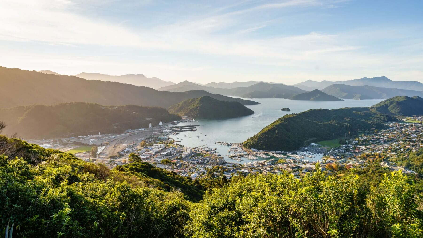 Seaside town at dusk