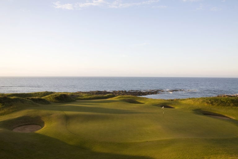 View of the 2nd green overlooking the North Sea, Kingsbarns Golf Links, Scotland, United Kingdom.