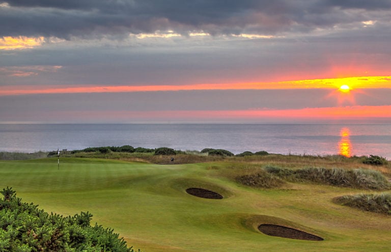View of the sunrise to the east of Kingsbarns Golf Links, Scotland, United Kingdom