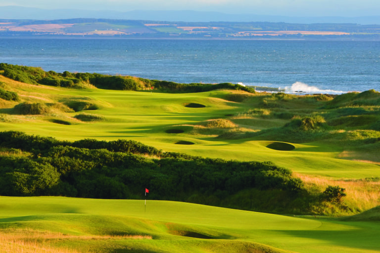 High rise view of the 3rd hole looking out to the North Sea at Kingsbarns Golf Links, Scotland, United Kingdom