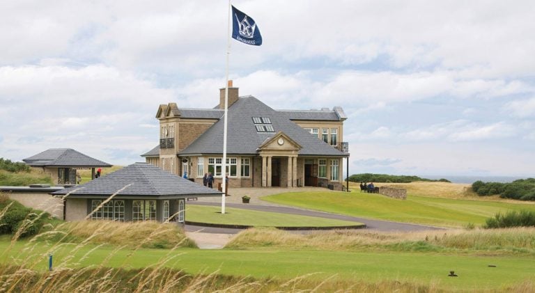 View of the Kingsbarns clubhouse and flag, Scotland