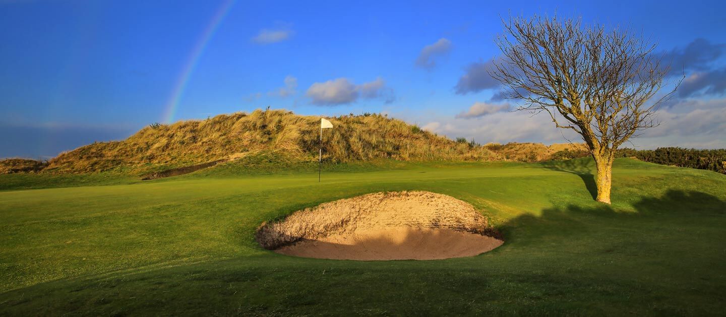 Rainbows, bunkers, trees and flags at The Jubilee Course, St Andrews, Links, Scotland, United Kingdom