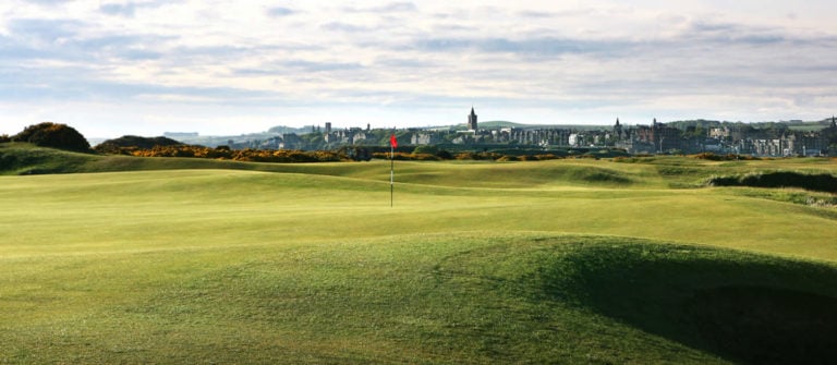 Overlooking St Andrews town from The Old Course at The Links