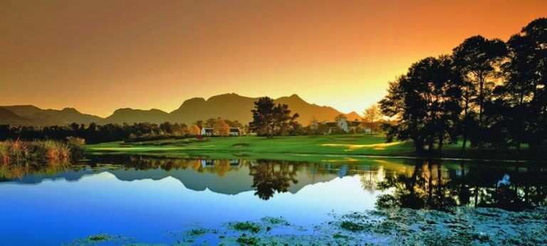 Setting sun over Outeniqua Course at Fancourt Resort, The Garden Route, South Africa