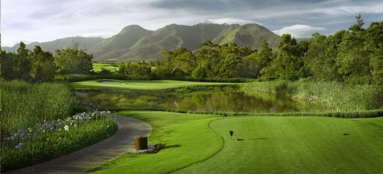 Montagu Course tee box and surrounding mountains at Fancourt Resort, The Garden Route, South Africa
