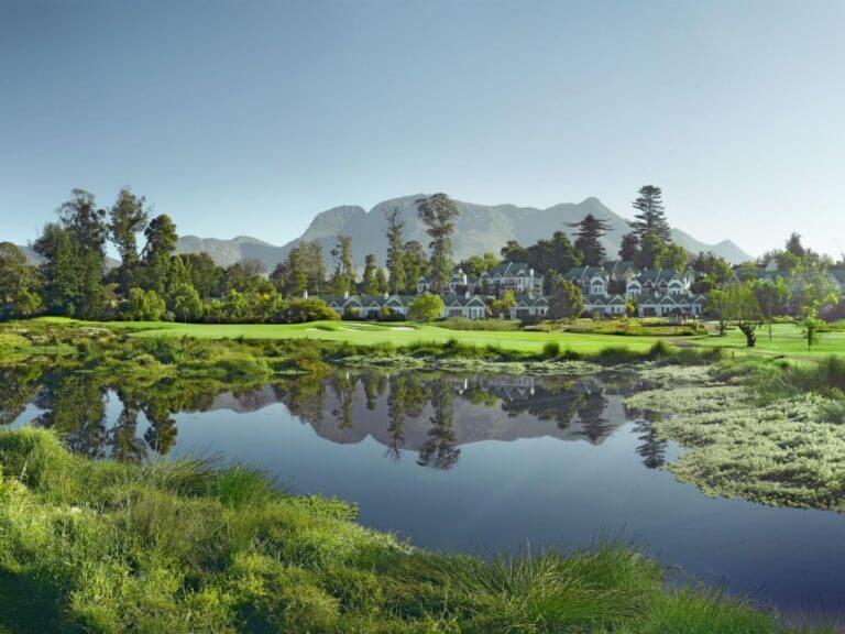 Lake, Montagu Course and resort buildings at Fancourt Resort, The Garden Route, South Africa