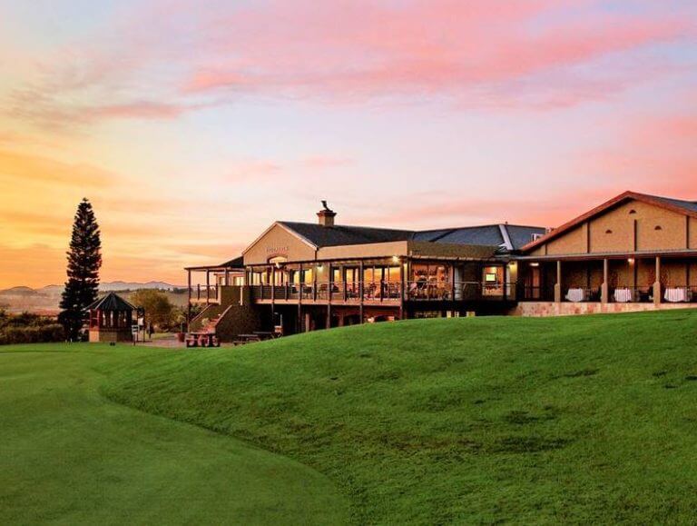 Setting sun over Clubhouse at Devonvale Golf and Wine Estate, Stellenbosh, South Africa