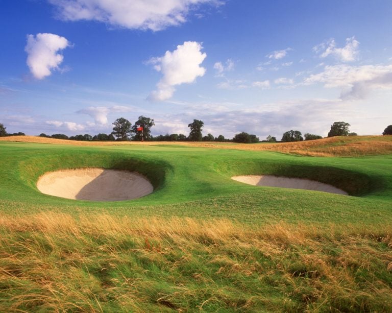 Image of pot bunkers next to the green on the 7th hole of the Montgomerie Golf Course, Carton House, Dublin Area, Ireland