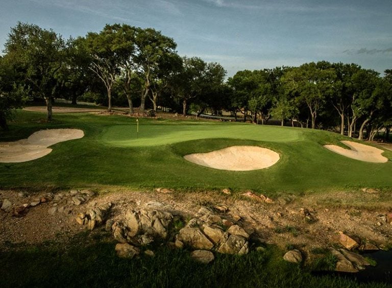 View of a green with perilous rocks and bunkers, Slick Rock Course, Horseshoe Bay Resort, Texas