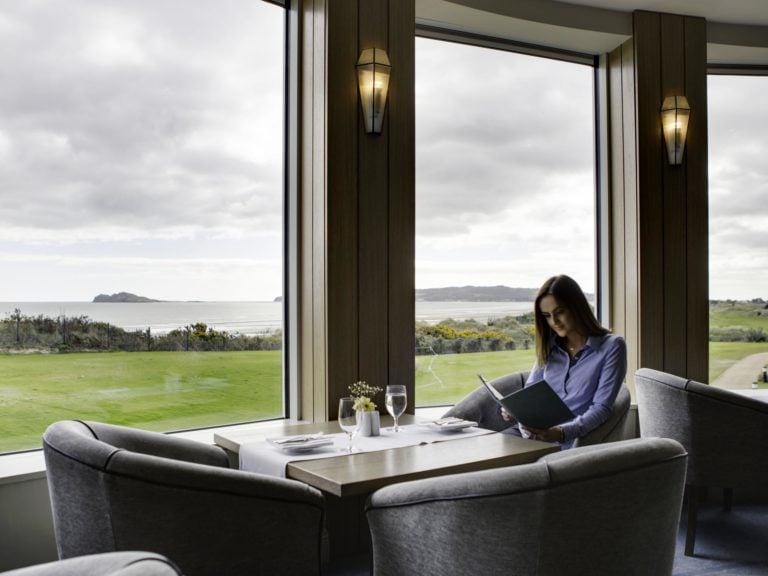 View of the Seaview restaurant, overlooking The Irish Sea, Portmarnock Resort, Dublin, Ireland