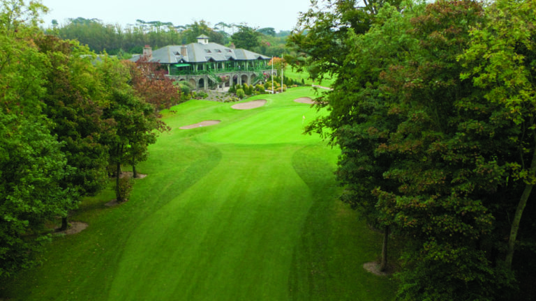 Aerial shot of the 18th hole and clubhouse, Malahide Golf Club, Dublin, Ireland