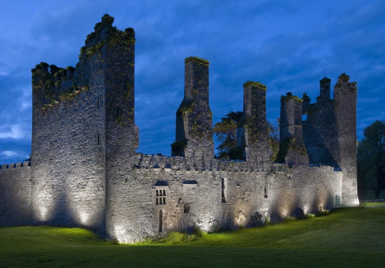 View of old castle ruins at night, Castlemartyr Resort, Cork, Ireland