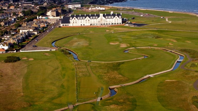 Aerial shot of canals running through the Championship course at Carnoustie Golf Links, Scotland, United Kingdom