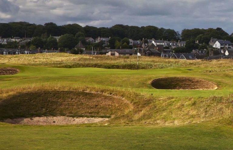 The infamous pot bunkers on full display at Carnoustie Golf Links, Scotland, United Kingdom