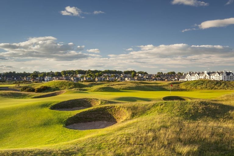 View of the town, club house, hotel and Championship course at Carnoustie Golf Links, Scotland, United Kingdom