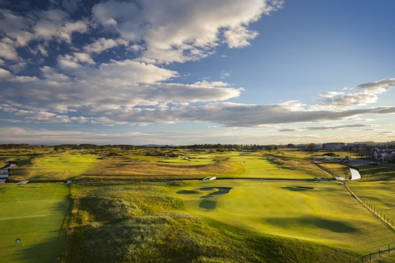 Aerial view of the Championship course at Carnoustie Golf Links, Scotland, United Kingdom