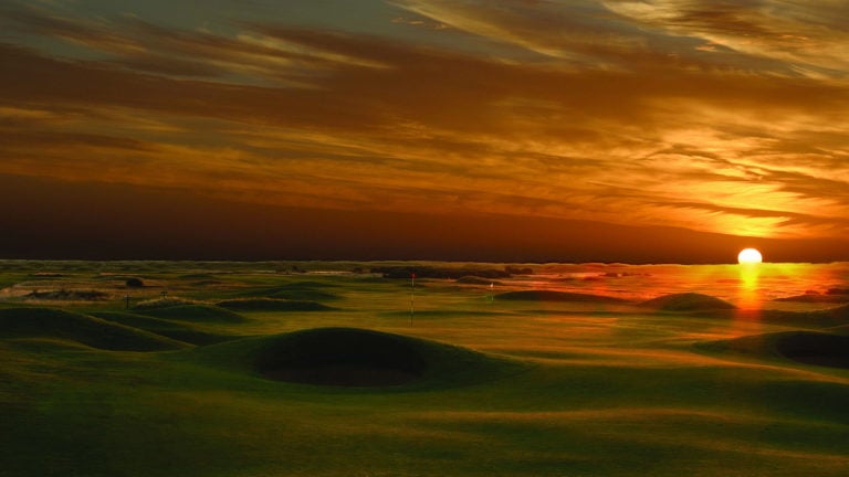 The sun sets over Carnoustie Golf Links, Scotland, United Kingdom