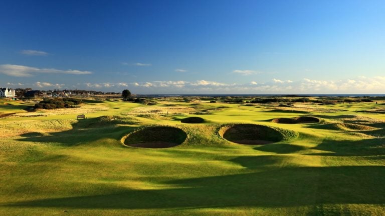 View of the many bunkers on the Burnside Course, Carnoustie Golf Links, Scotland, United Kingdom