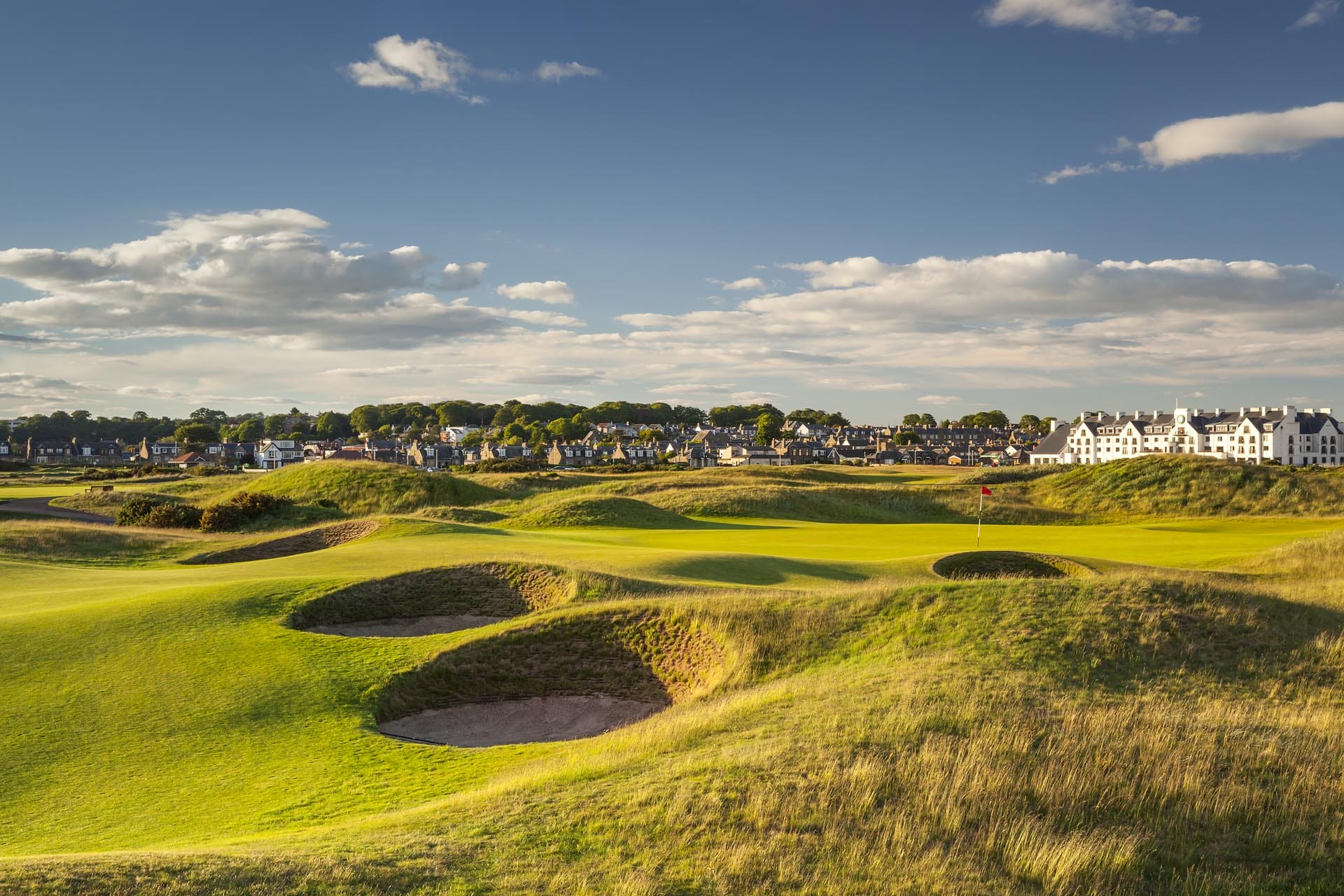 Pot bunkers surround the Championship course at Carnoustie Golf Links, Scotland, United Kingdom