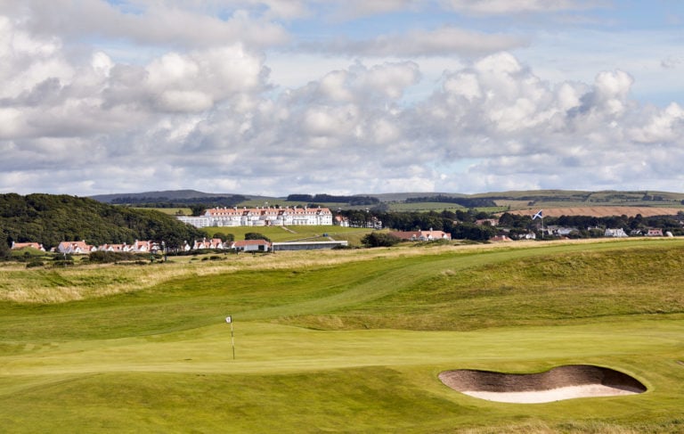 Looking back at the resort from the King Robert The Bruce Course , Trump Resort, Turnberry, Scotland, United Kingdom