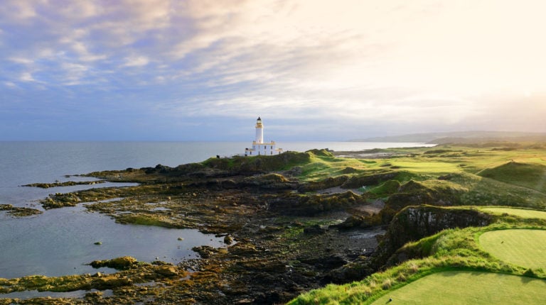 View of the lighthouse from Ailsa Tee Boxes, Trump Resort, Turnberry, Scotland, United Kingdom