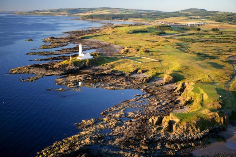 Aerial image of Ailsa lighthouse and Resort, Trump Resort, Turnberry, Scotland, United Kingdom